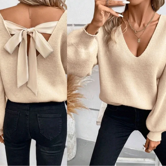 Apricot Lantern Sleeve V Neck Satin Bow Back Sweater - Picture 1 of 5